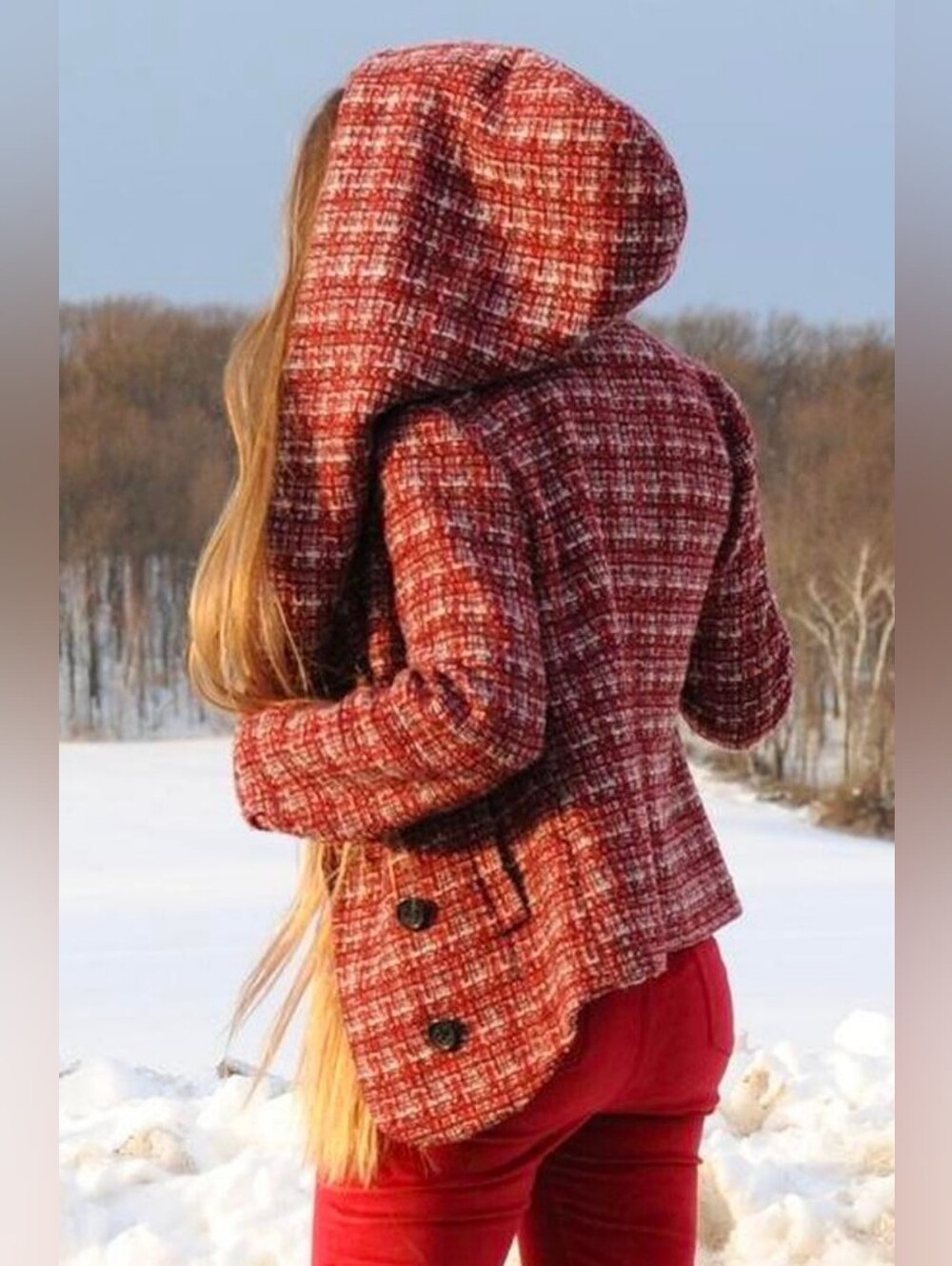 BDG Red Tweed Hooded Wool Mix Blazer Jacket